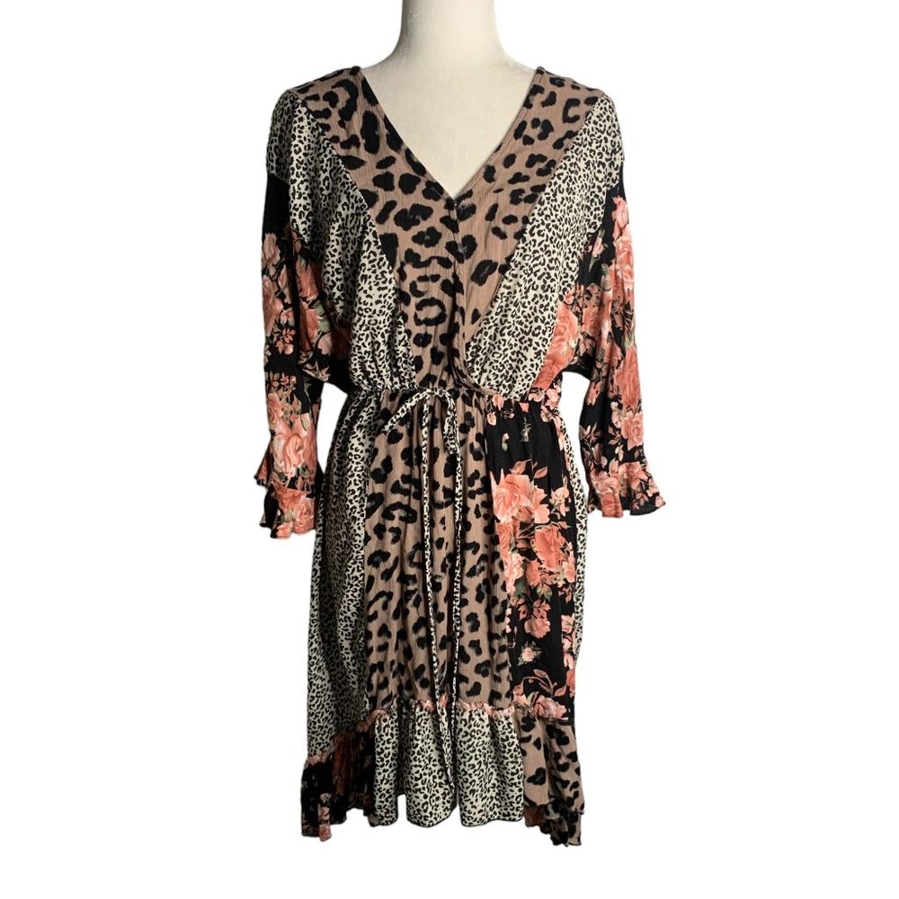 Gigio Animal Print High Low Dress M Multicolored Floral V Neck Elastic Waist